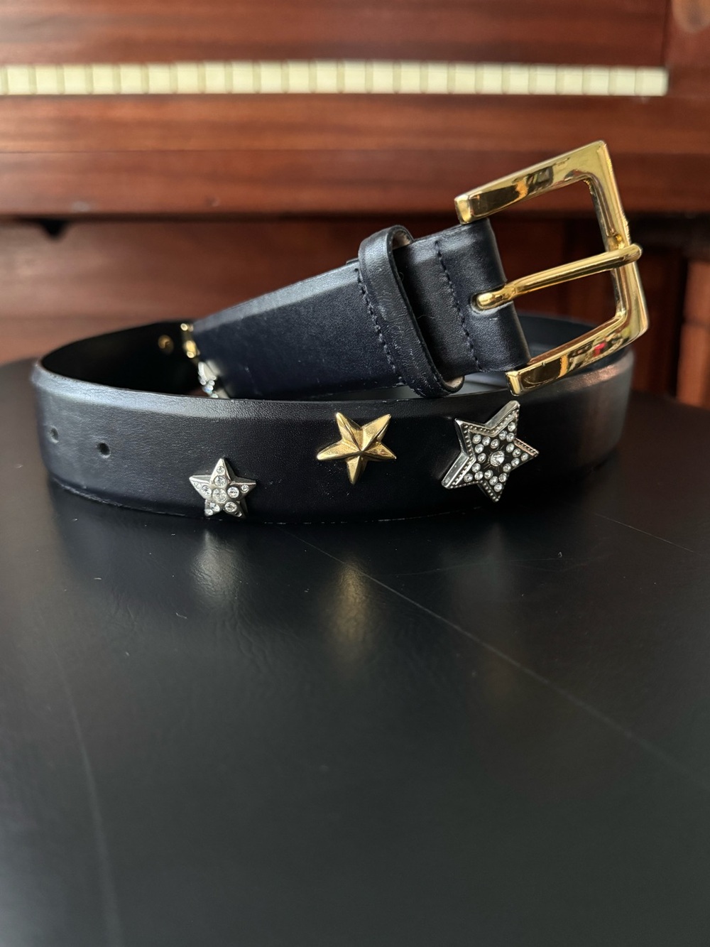 VTG Carlisle Black Leather Star Studded Belt S Gold Buckle Celestial 90’s Punk